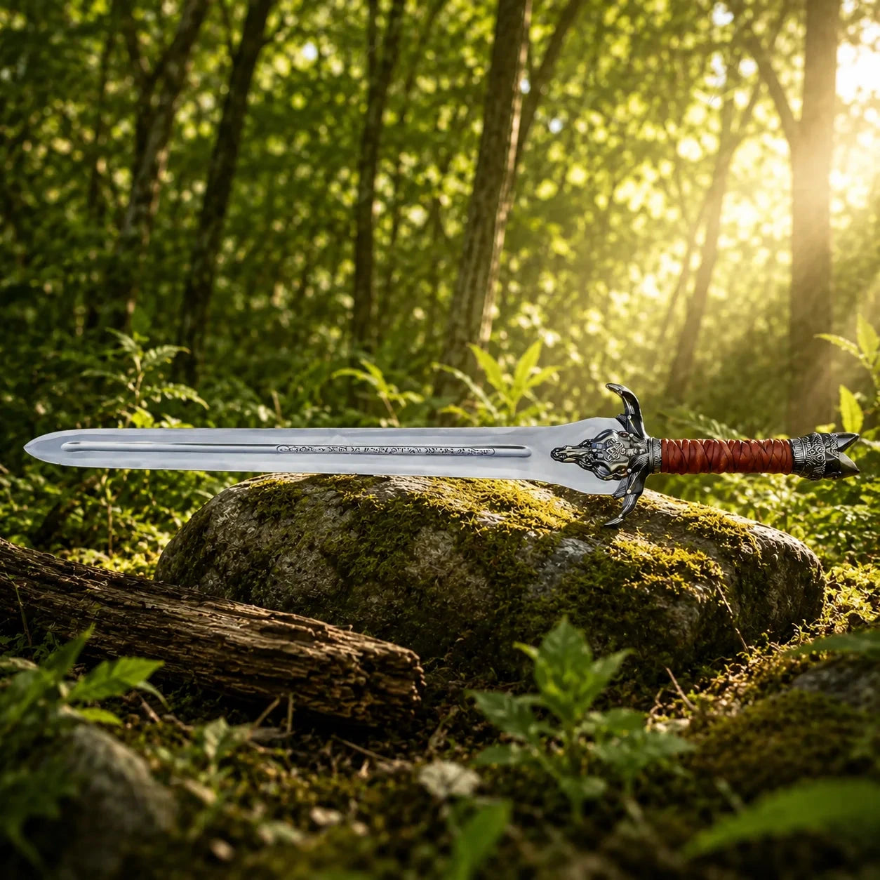 Conan Father's sword prop replica hero shot on mossy rock in sunlit forest showing full polished silver blade with central fuller groove runic script engravings dark bronze bull skull crossguard red leather cord grip and ornate silver pommel cap – Conan Barbarian collectible