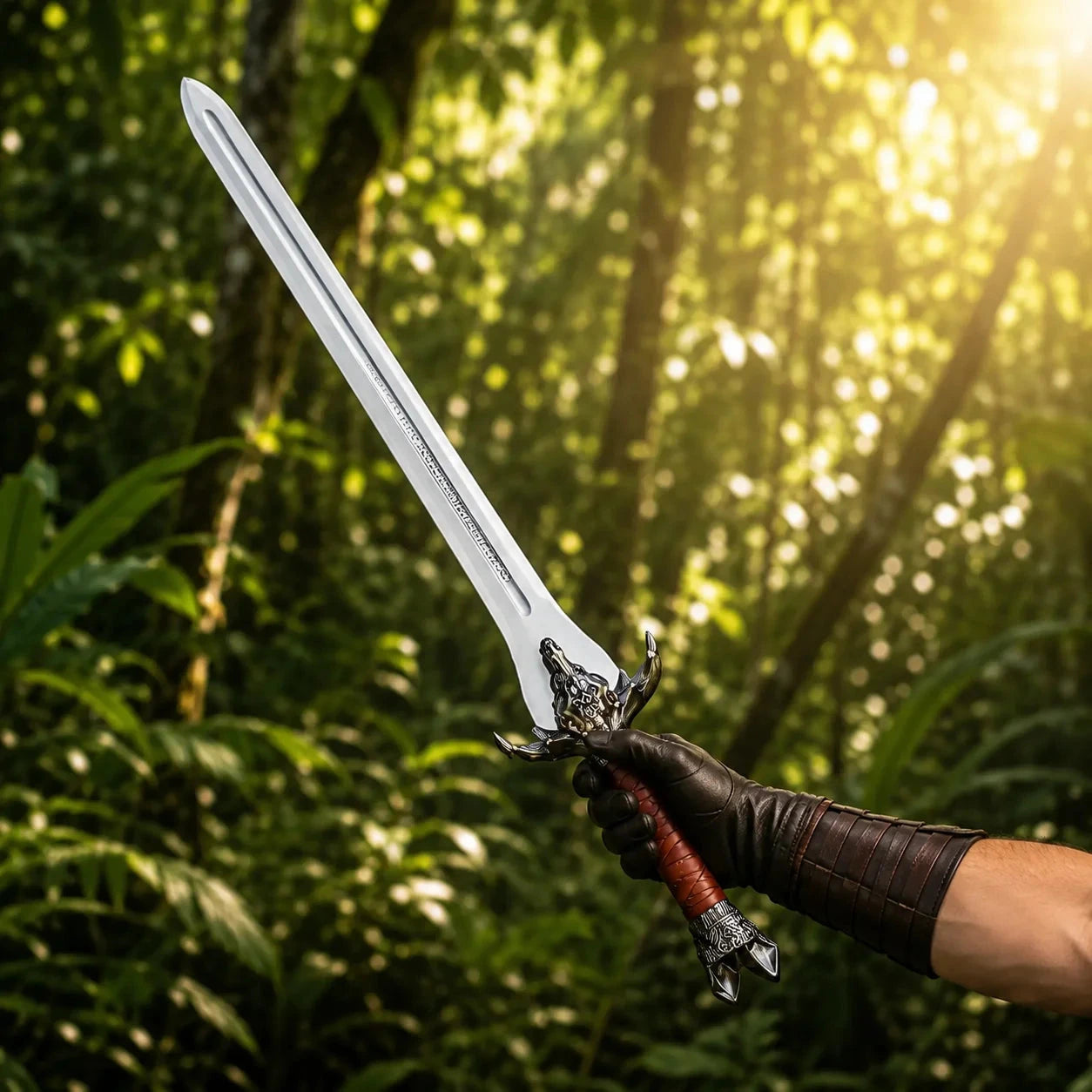 Conan Father's sword prop replica additional full length view on mossy rock in golden sunlit forest showing complete polished silver blade with runic engravings dark bronze bull skull crossguard red leather grip and ornate silver scroll pommel – Conan fan gift