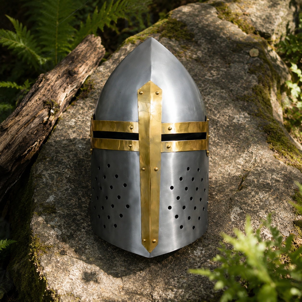 Side angle of Templar Knight Helmet prop replica on log – crusader armor cosplay accessory
