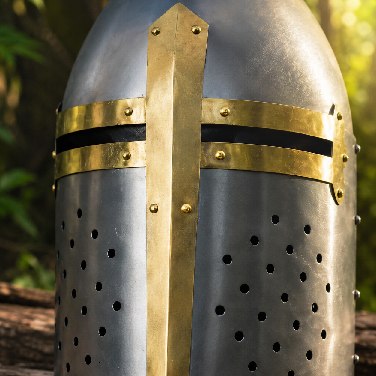 Full view of Templar Knight Helmet prop replica with brass cross – medieval crusader display collectible