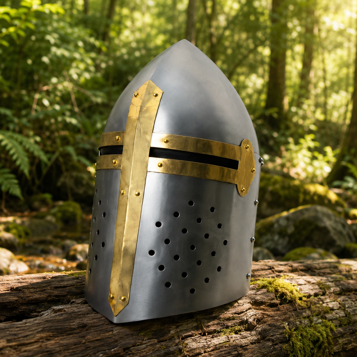 Three-quarter view of Templar Knight Helmet prop replica – wearable cosplay costume armor prop