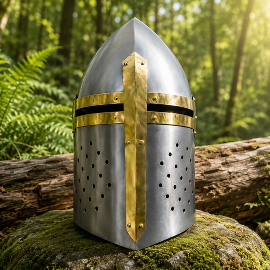 Templar Knight Helmet prop replica resting on mossy rock – medieval fan gift collectible