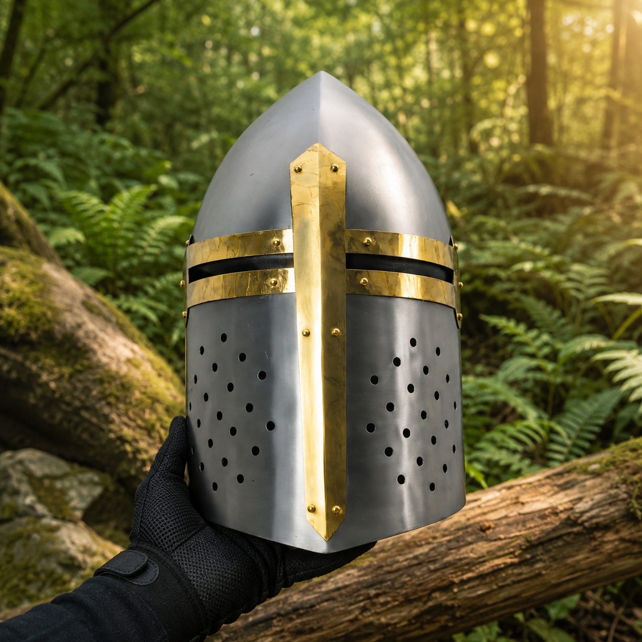 Templar Knight Helmet prop replica displayed on rock in forest setting – medieval crusader collectible