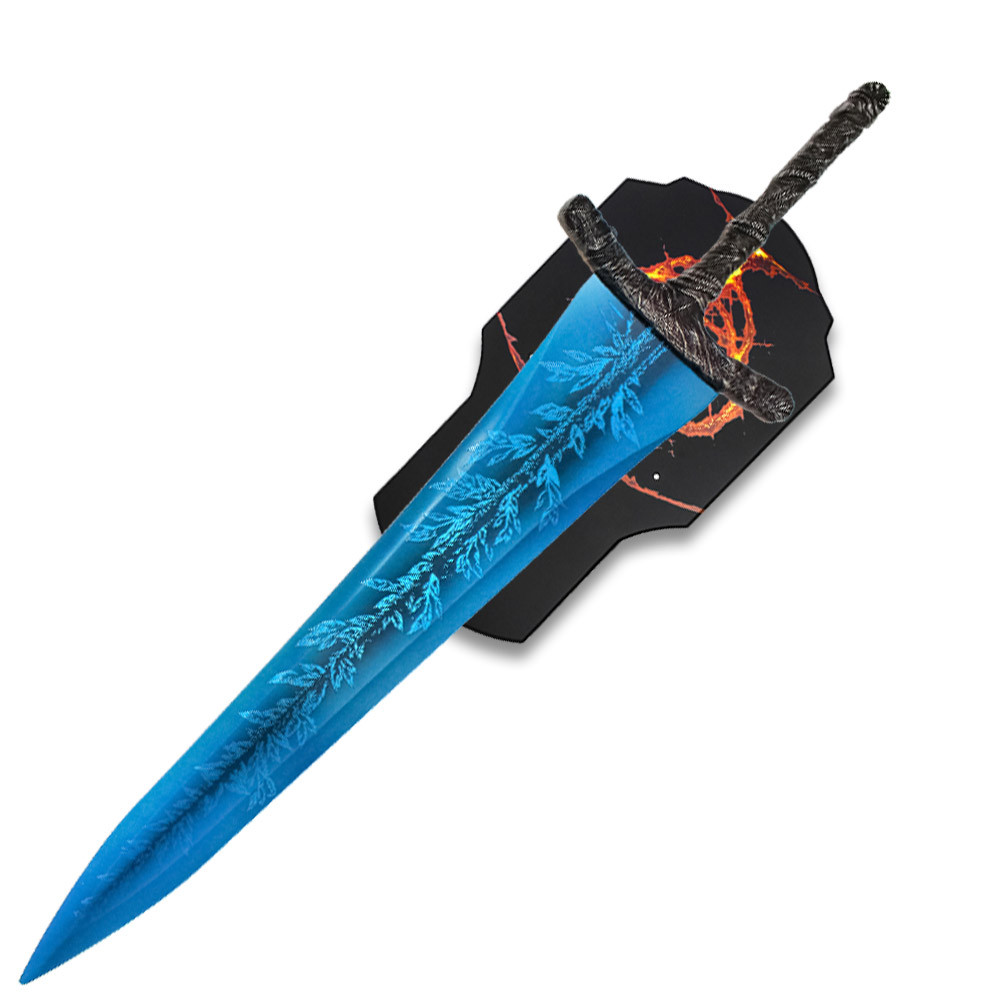 Dark Moon Greatsword display collectible presented with the included premium wood wall display plaque, creating a striking centerpiece for Elden Ring collections, gaming rooms, collector walls, cosplay photography, themed interiors, and fantasy display exhibitions.