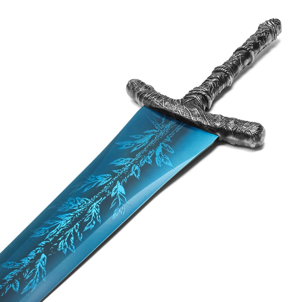 Full-length Dark Moon Greatsword display collectible associated with Ranni the Witch from Elden Ring, showcasing premium stainless steel craftsmanship, crystal-blue display finish, oversized fantasy styling, decorative detailing, and an elegant presentation for collectors and gaming room displays.