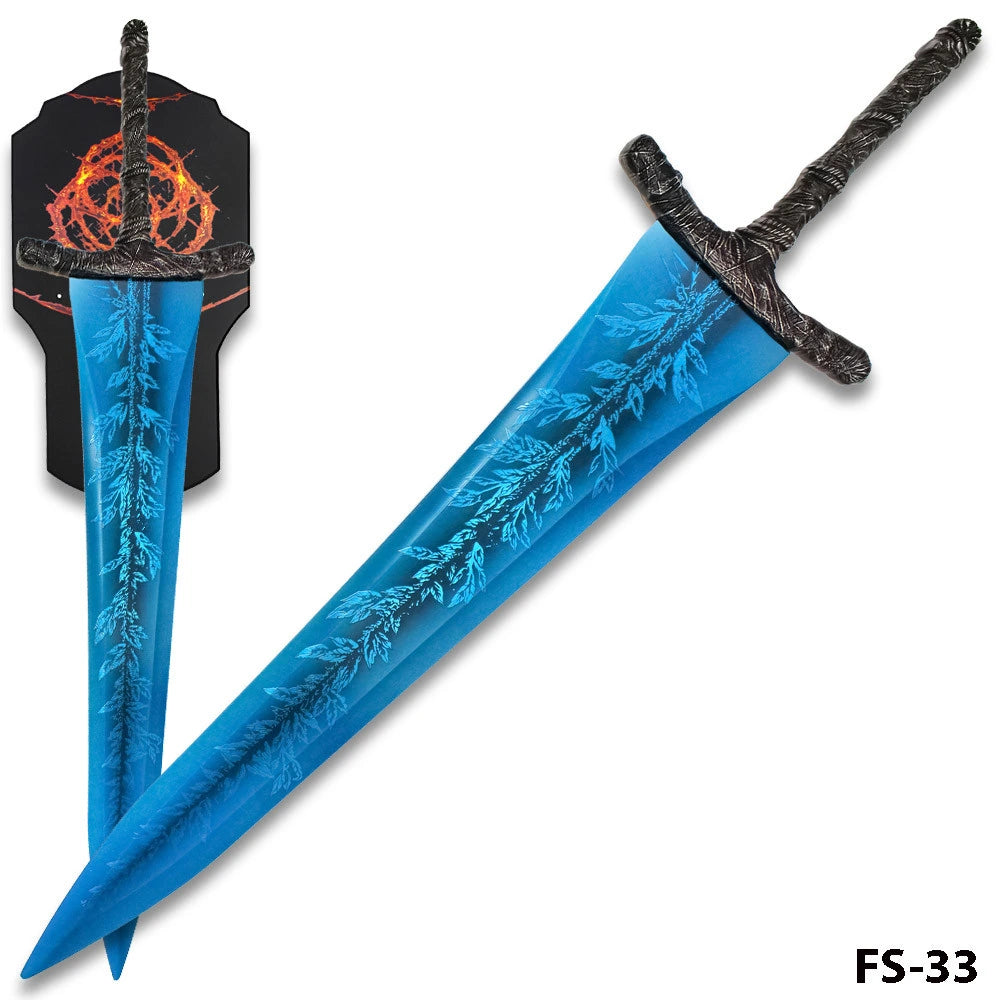 Close-up of the Dark Moon Greatsword display collectible highlighting the engraved crystal-blue stainless steel blade, decorative fantasy crossguard, detailed two-handed grip, premium display finish, and exceptional craftsmanship inspired by Elden Ring for collectors and cosplay enthusiasts.