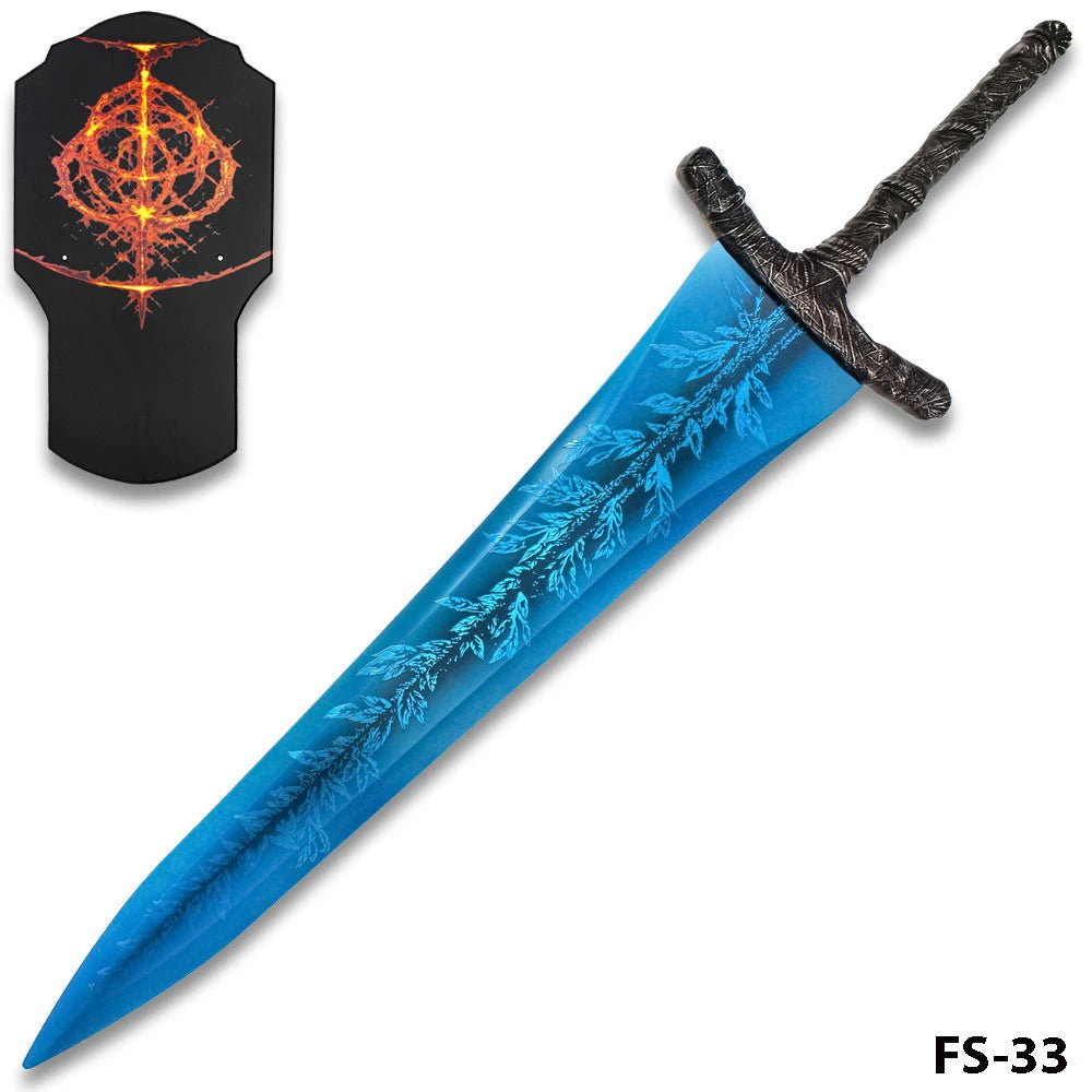 Premium Dark Moon Greatsword display collectible inspired by Elden Ring featuring stainless steel craftsmanship, elegant crystal-blue decorative finish, oversized fantasy design, premium detailing, and collector-focused presentation for fantasy RPG fans and display collections.