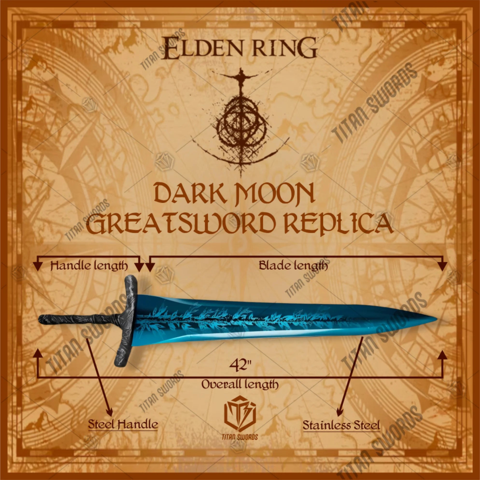 Premium Dark Moon Greatsword Elden Ring Replica with lunar engravings.