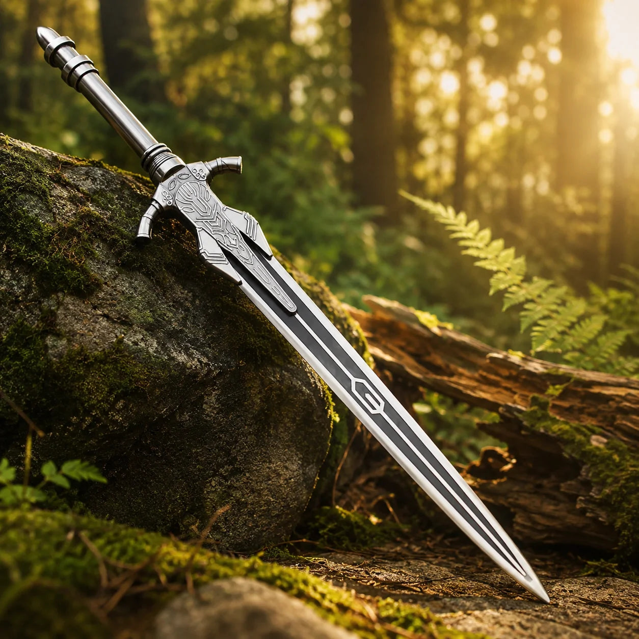 Knight Artorias Greatsword fan-inspired replica laid flat on mossy rock – Dark Souls collectible