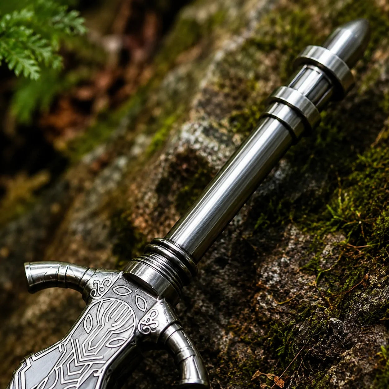 Artorias the Abysswalker Greatsword decorative prop replica standing in mossy fern forest