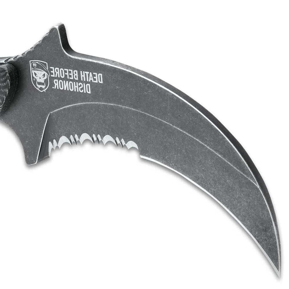Elite Death Before Dishonor Micarta Karambit open view