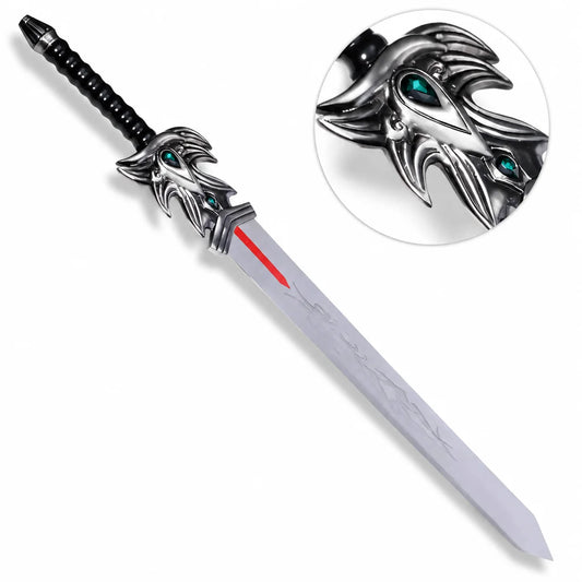 Close-up of Demacia sword replica handle with dragon crossguard and emerald gem accents – League of Legends display collectible