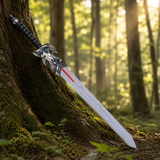 Full view of Demacia fantasy sword replica on white background showing silver blade with red fuller and beast-head crossguard – League of Legends prop