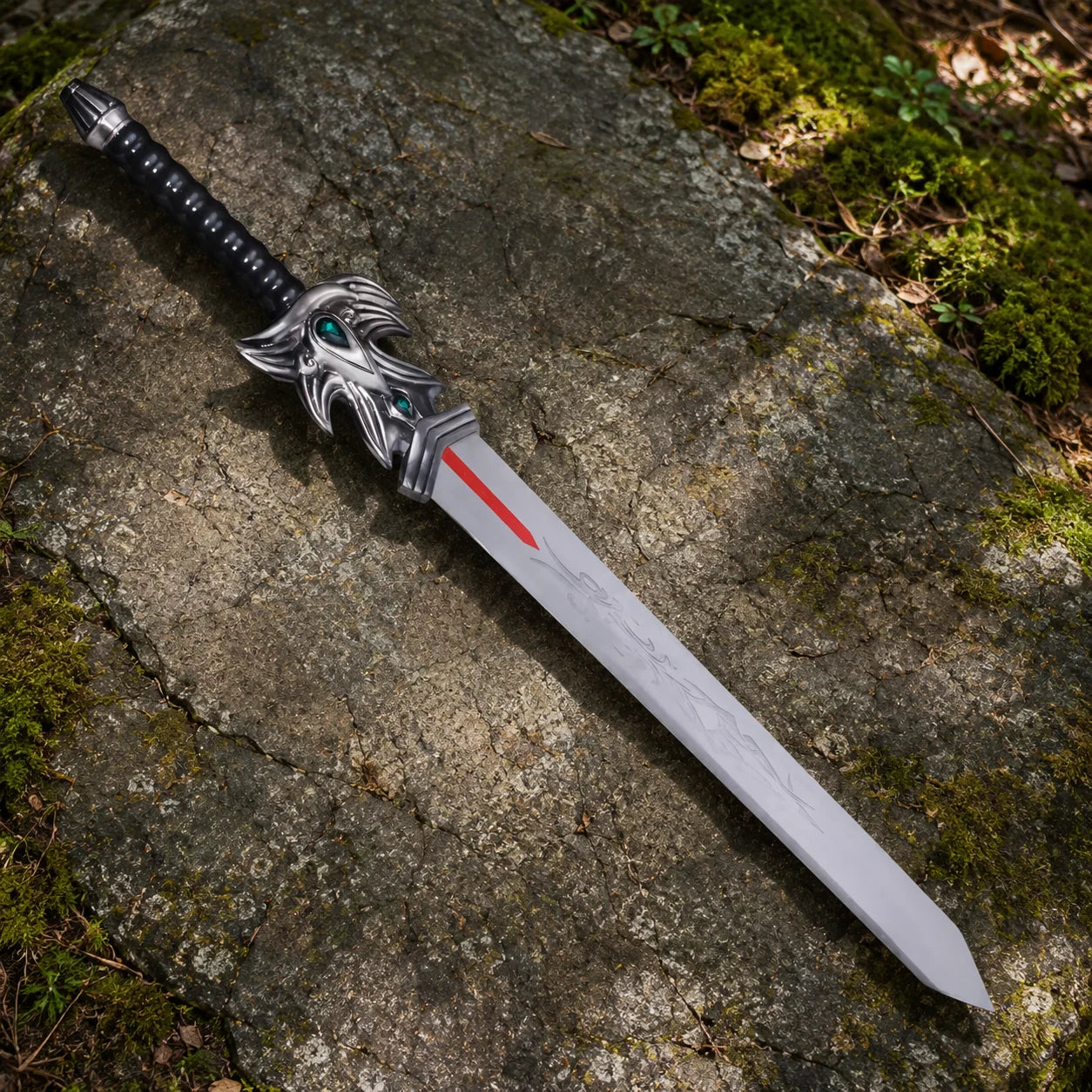 Demacia sword replica standing upright on mossy rock in sunlit forest – League of Legends display collectible