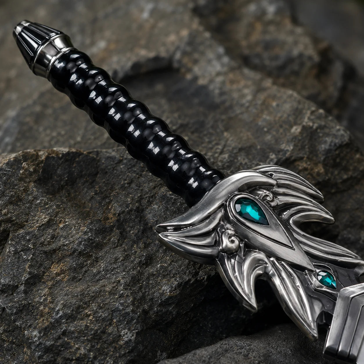 Demacia sword replica held in gloved hand in forest setting – League of Legends fantasy prop display piece