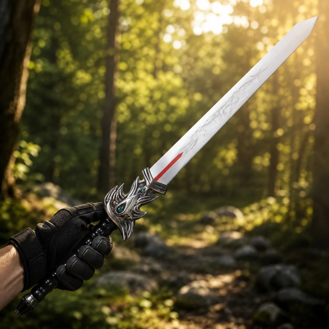 Detail shot of Demacia sword replica blade showing engraved dragon motif and red fuller – League of Legends collectible prop