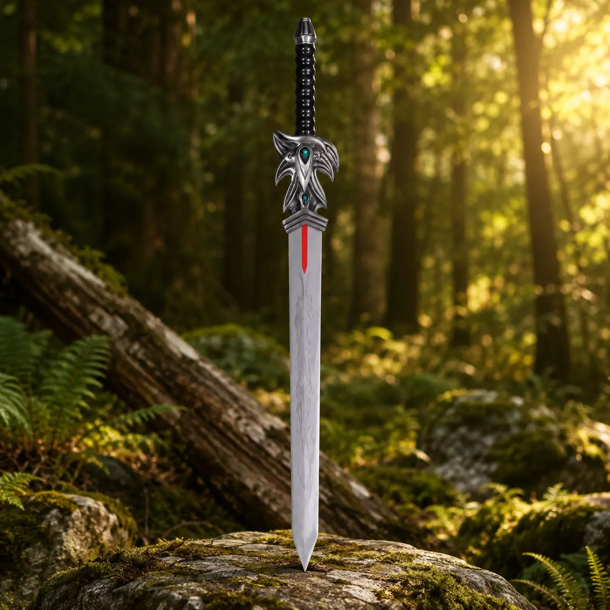 Demacia sword replica resting on mossy log in golden forest light – League of Legends fantasy display sword