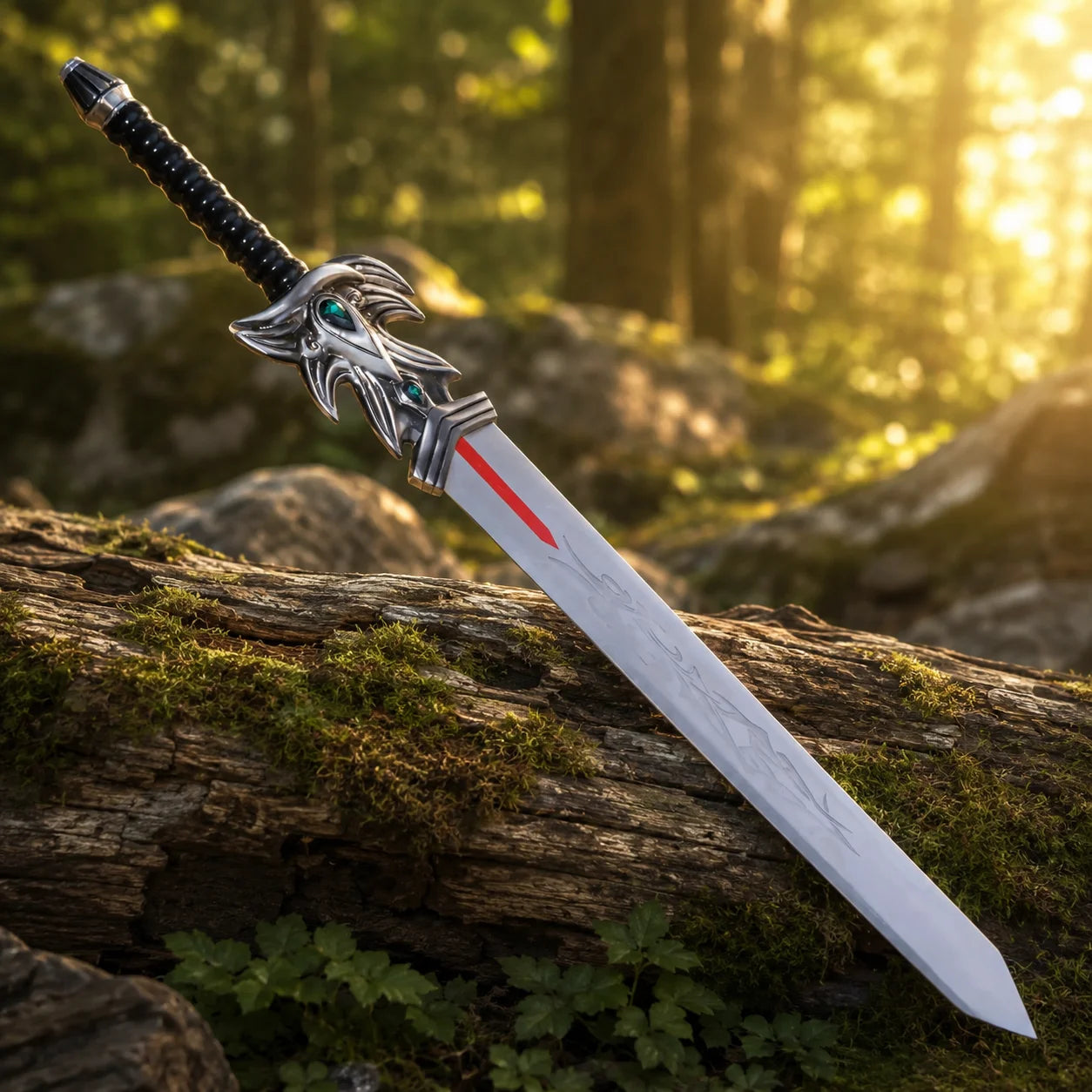 Macro detail of Demacia sword crossguard with emerald teardrop gems and silver beast-head sculpt – League of Legends replica prop