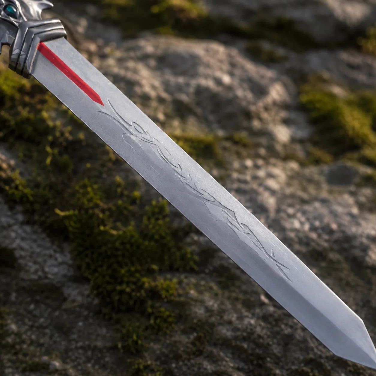 Demacia sword replica blade laid on dark rock surface showing full length and engraved details – League of Legends display collectible