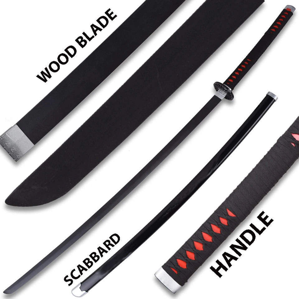 Premium Tanjiro Black Nichirin Wood Katana Demon Slayer collectible positioned on a clean display background emphasizing detailed decorative craftsmanship, elegant wooden blade, textured handle wrapping, and collector-quality presentation.