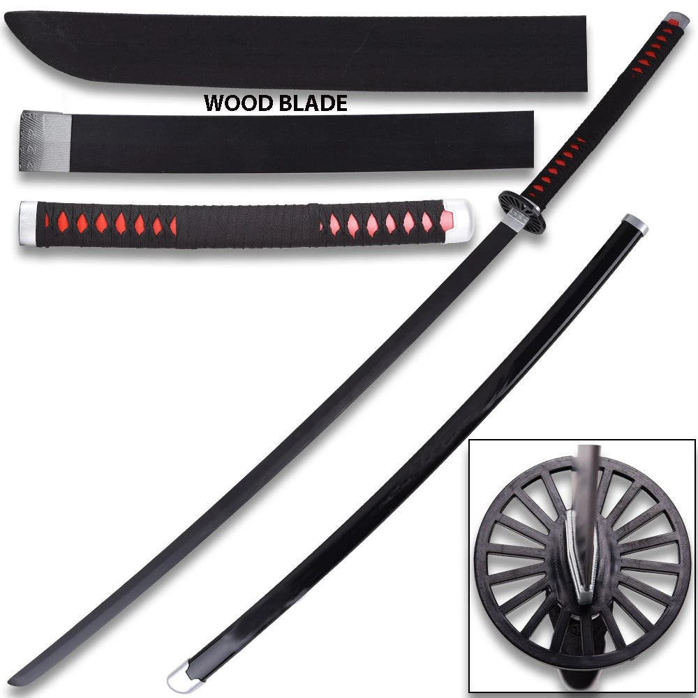 Close-up image of the Tanjiro Black Nichirin Wood Katana collectible highlighting the traditional wrapped handle, decorative guard, premium wooden construction, and collector-quality craftsmanship inspired by Tanjiro Kamado.