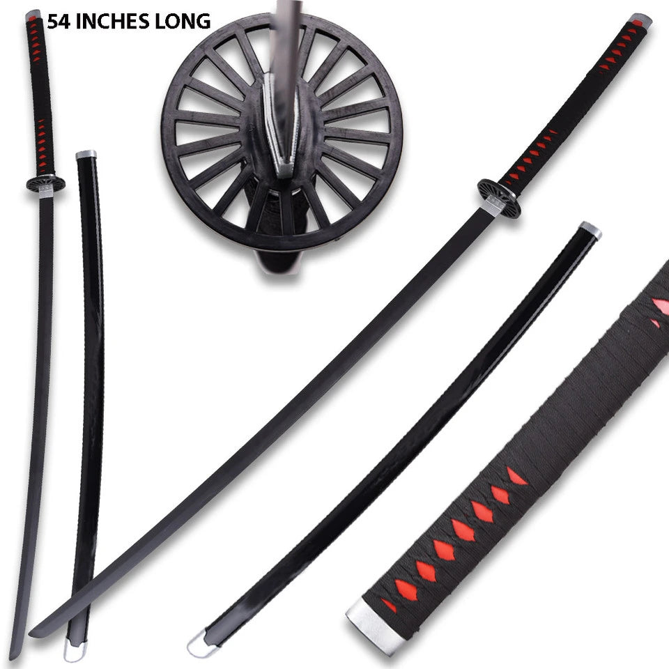 Tanjiro Black Nichirin Wood Katana collectible inspired by Demon Slayer featuring premium wooden craftsmanship, decorative black finish, matching plastic scabbard, and detailed anime styling for collectors and cosplay enthusiasts.