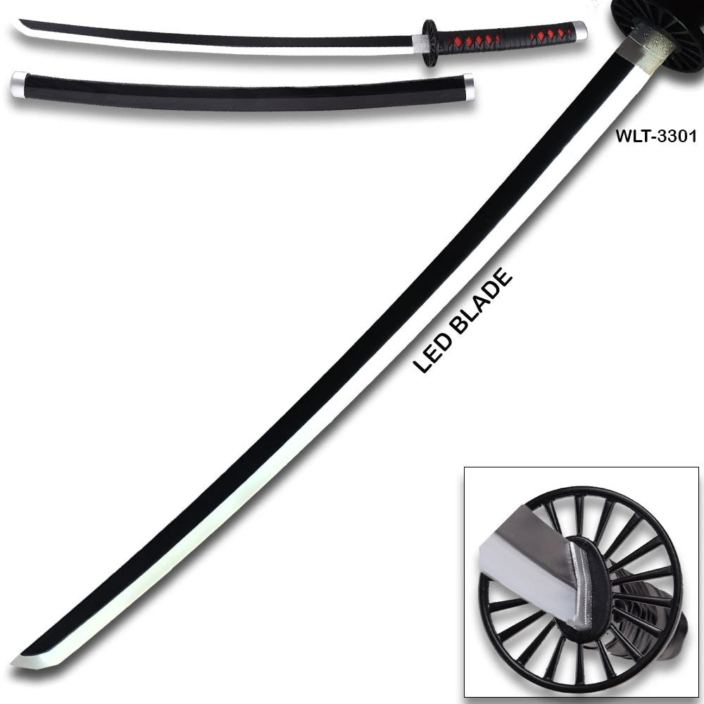 Giyu Tomioka Demon Slayer LED katana side profile showing full-length black blade with white edge, black lacquered scabbard, and red diamond ito-wrapped handle with silver kashira