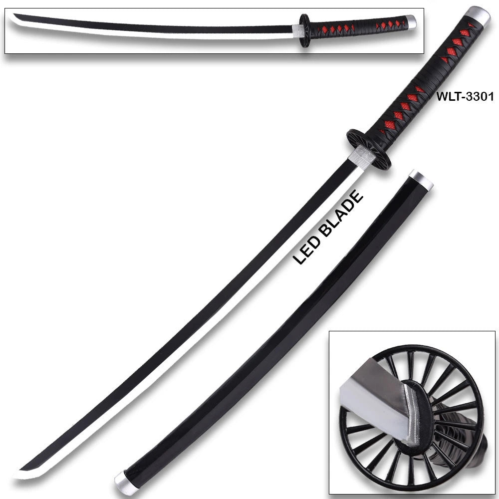 Demon Slayer Giyu Tomioka LED katana displayed diagonally with black scabbard alongside, showcasing the black and white blade, circular wheel tsuba, and red diamond handle wrap