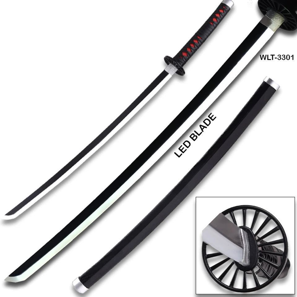 Close-up detail of Demon Slayer Giyu Tomioka LED katana showing the circular spoked tsuba guard, silver habaki collar, black blade with white LED edge, and black scabbard tip