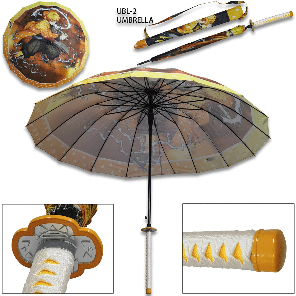 Anime-inspired Demon Slayer Kaigaku Automatic Folding Umbrella featuring UV-resistant waterproof canopy, durable aluminum construction and lightweight folding design for fans and collectors