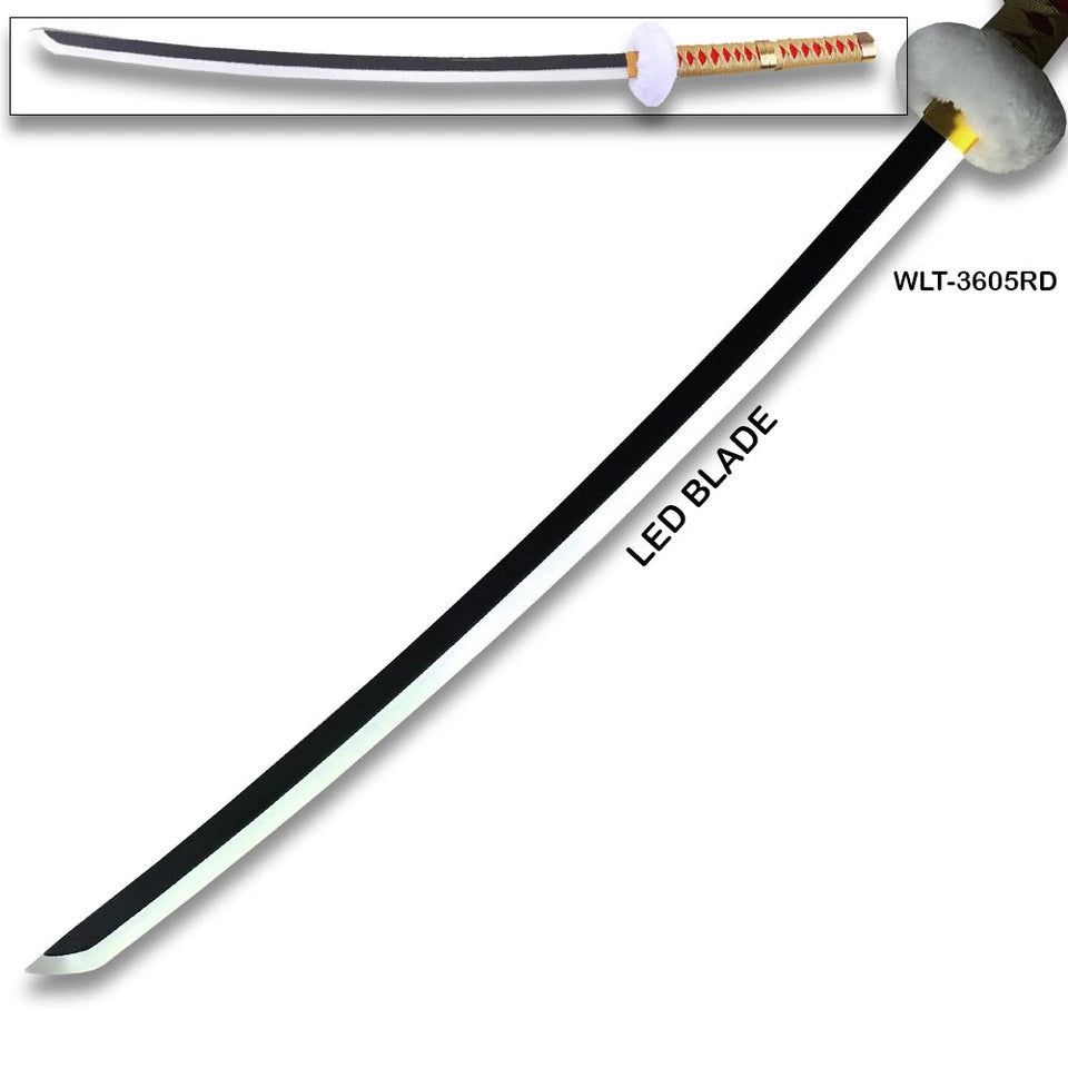 Demon Slayer Rengoku LED katana with yellow-glowing tsuba guard detail, black LED blade with white edge illumination, and black scabbard with cross pattern and red cord accent on white background