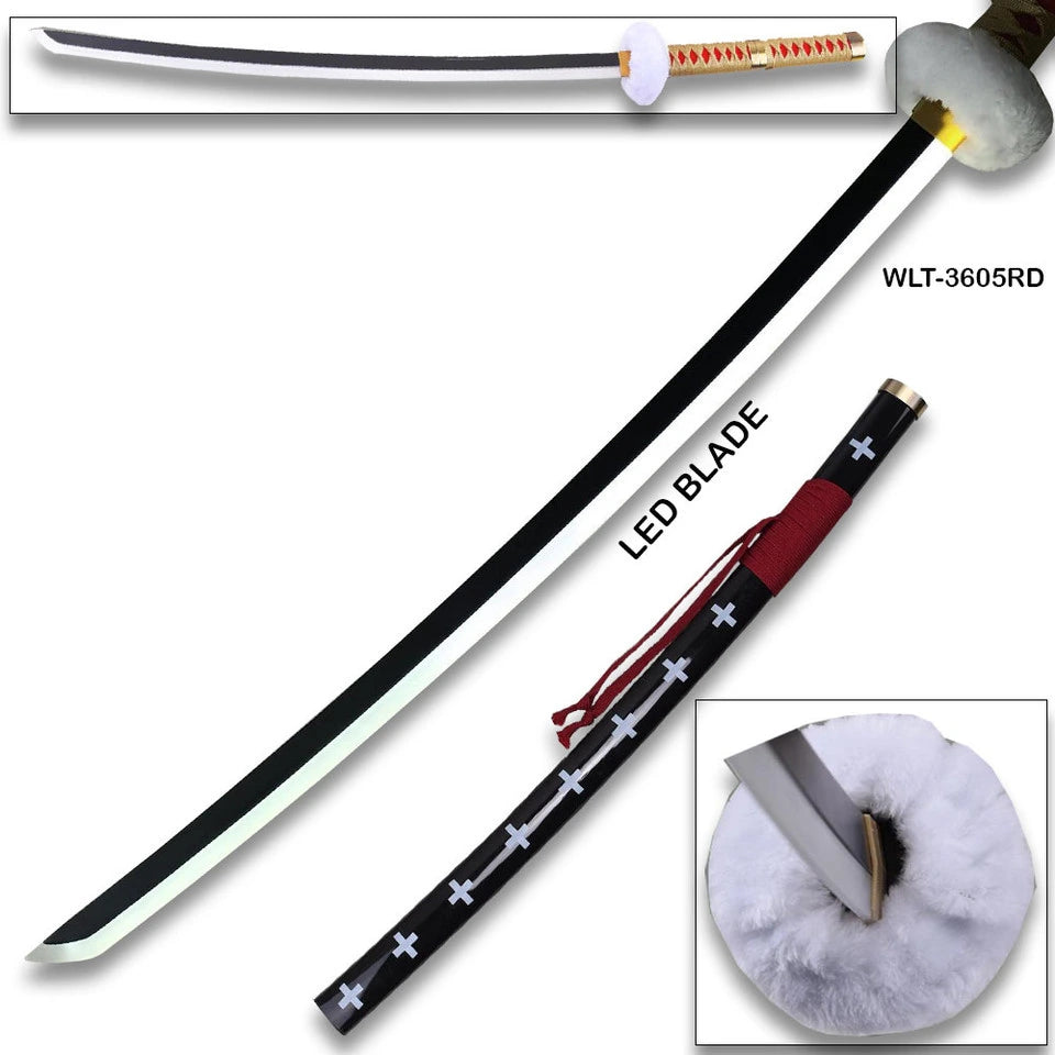 Close-up of Demon Slayer Rengoku LED katana blade showing full-length black blade with bright white LED edge illumination, WLT-3605RD model, display-ready cosplay replica