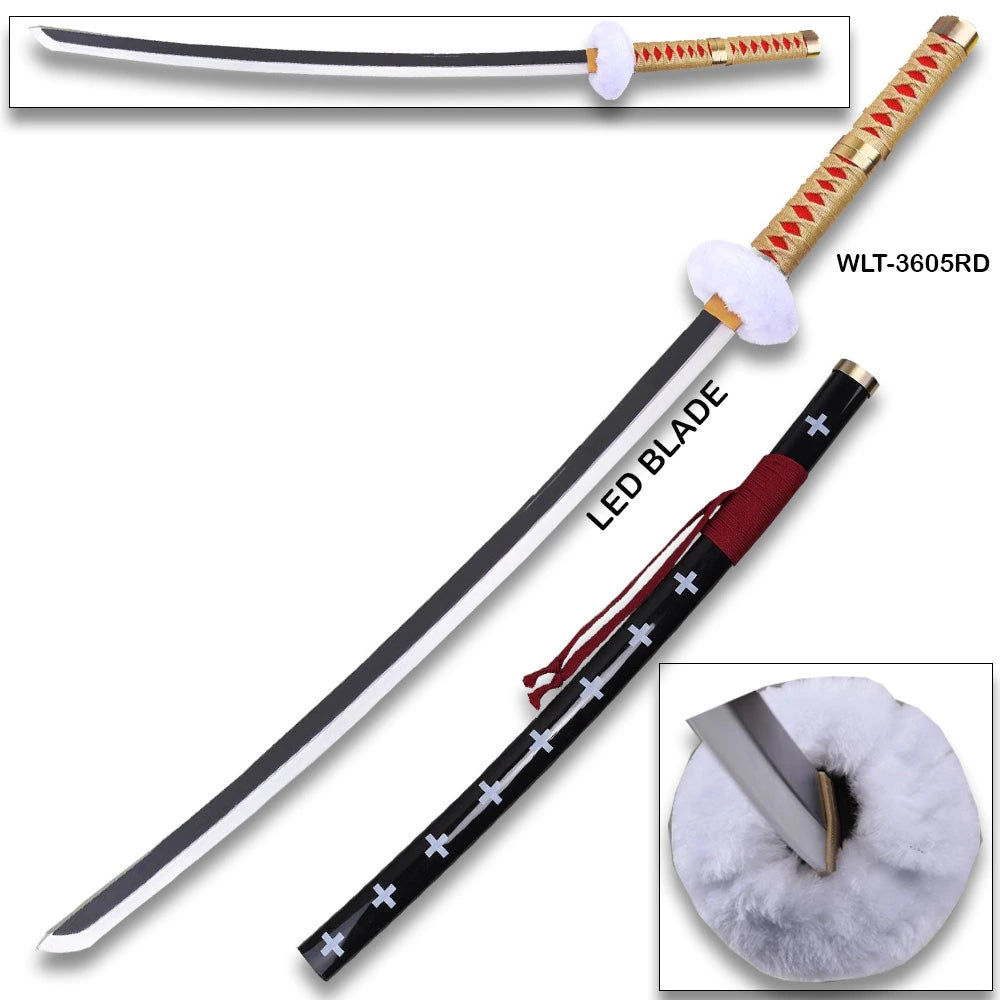 Multi-angle view of Demon Slayer Rengoku LED katana showing black scabbard with white cross symbols, red cord wrap, gold fittings, and close-up of white circular fur tsuba guard with blade slot