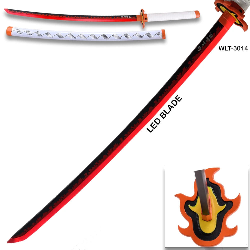 Demon Slayer Kyojuro Rengoku LED katana WLT-3014 with red and black blade, white tsuka handle, orange tsuba guard, and white scabbard displayed on white background