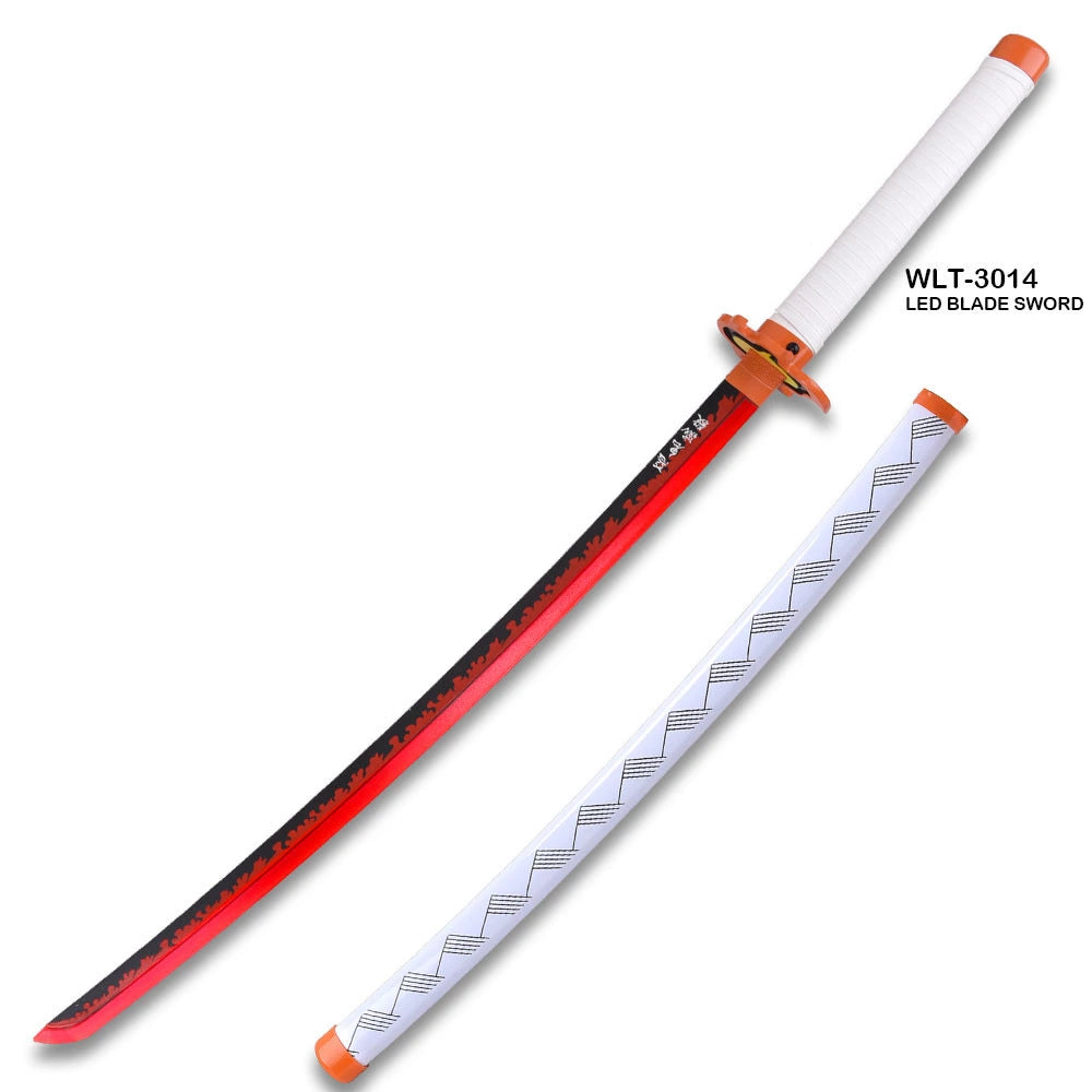 Rengoku LED blade katana WLT-3014 unsheathed showing full red gradient blade with flame motif tsuba and white diamond-wrapped scabbard on white background