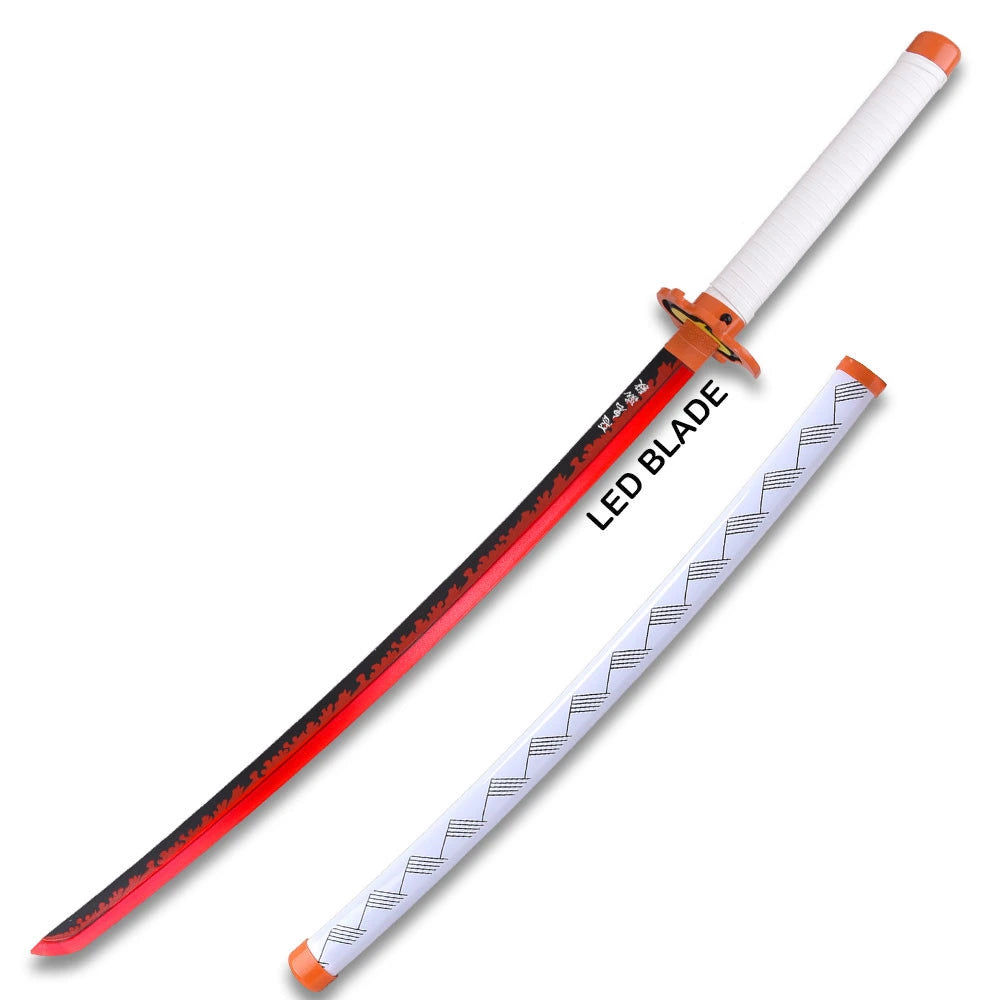 Multi-angle view of Demon Slayer Rengoku LED katana WLT-3014 featuring red illuminated blade, orange flame-shaped tsuba guard with yellow accent, and white wrapped handle