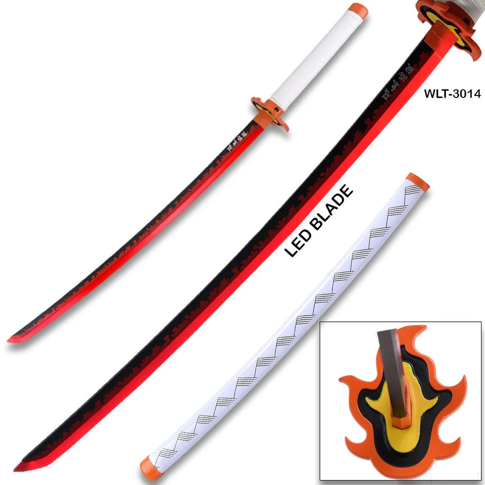 Demon Slayer Rengoku LED sword WLT-3014 showing red and black gradient blade alongside white scabbard with inset closeup of orange and yellow flame tsuba guard detail