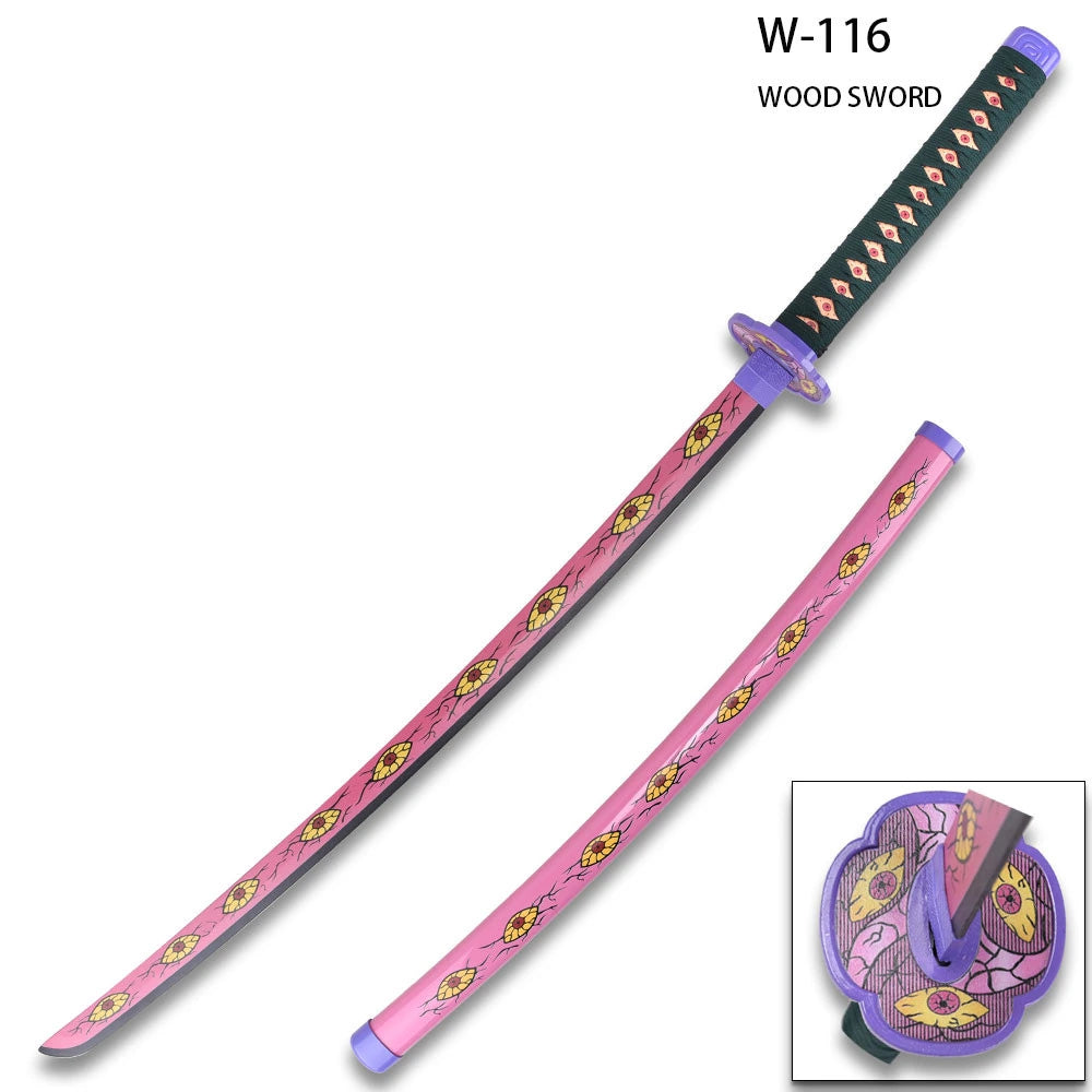 Demon Slayer wood sword prop replica with pink graphic scabbard