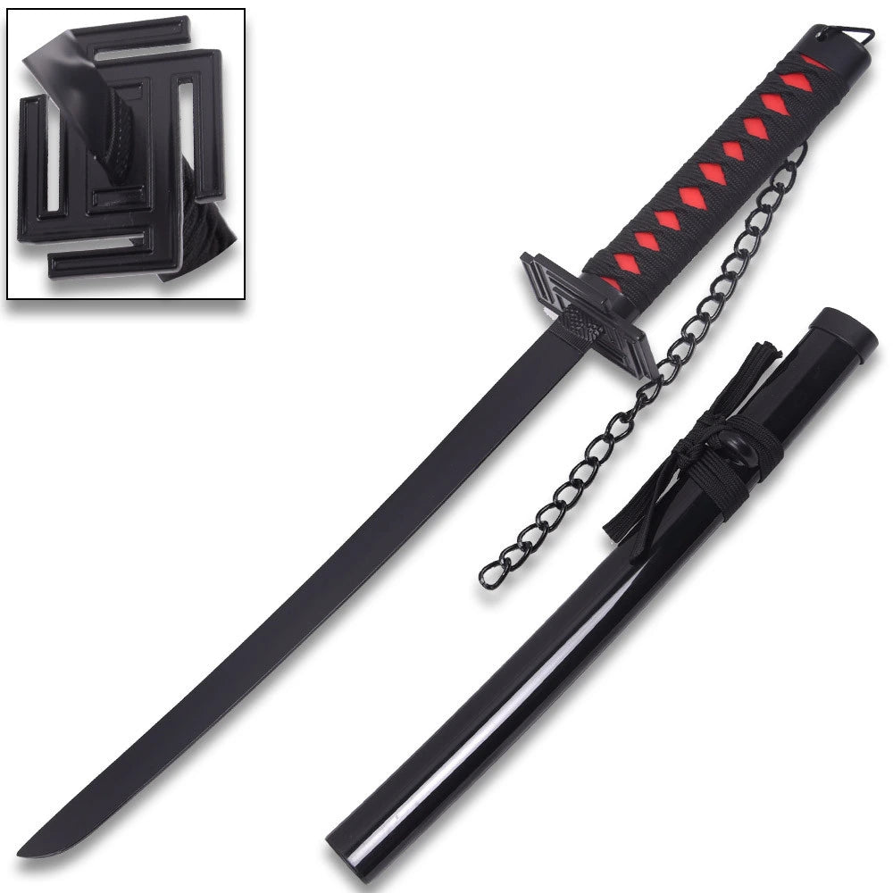 Close-up of the Sasuke Mini Kusanagi Katana collectible highlighting the elegant decorative fittings, wrapped handle, premium display finish, and collector-quality craftsmanship inspired by Sasuke Uchiha from Naruto.