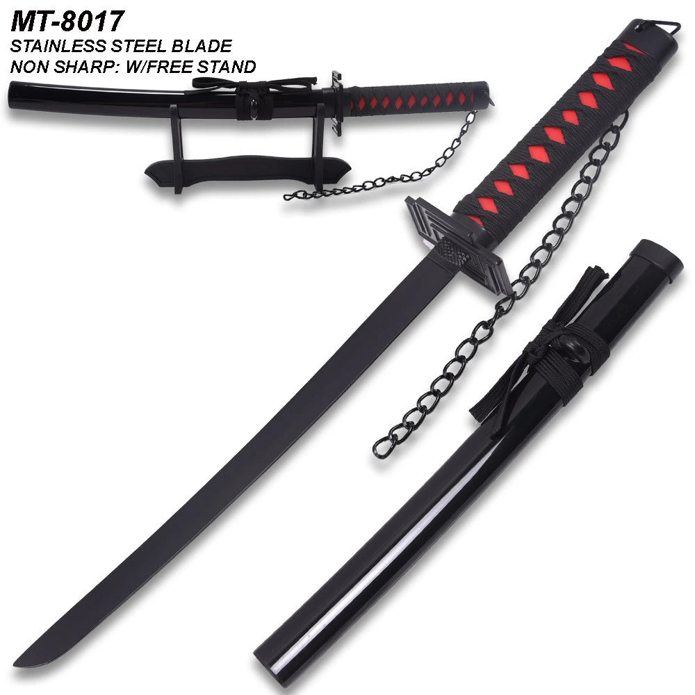 Full-length Sasuke Mini Kusanagi Katana Naruto collectible displayed with matching black scabbard showcasing premium decorative styling, compact display size, and exceptional craftsmanship for anime collections.