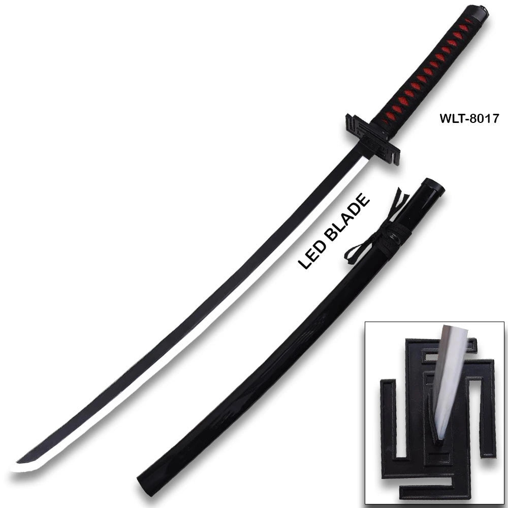 Demon Slayer Muichiro Tokito LED katana replica displayed with black scabbard and decorative display stand on white background