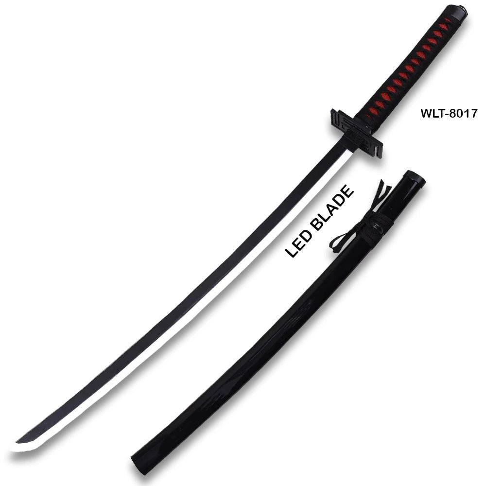 Demon Slayer Muichiro Tokito LED katana with black blade, red diamond tsuka wrap, and matching black scabbard side view