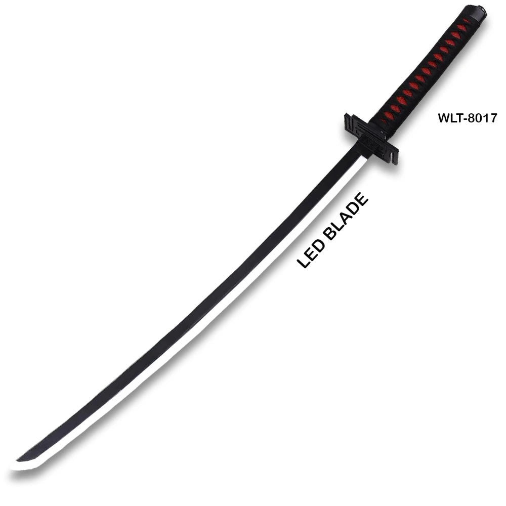 Unsheathed Muichiro Tokito LED katana showing full black blade with white LED edge illumination and red wrapped handle