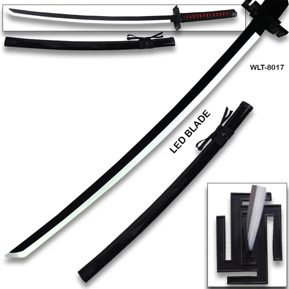 Demon Slayer Muichiro Tokito LED katana multi-angle product view with scabbard, unsheathed blade, and black display stand set