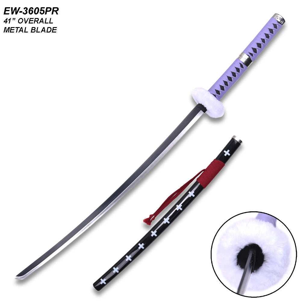 Trafalgar Law Purple Kikoku Sword One Piece display collectible with decorative scabbard