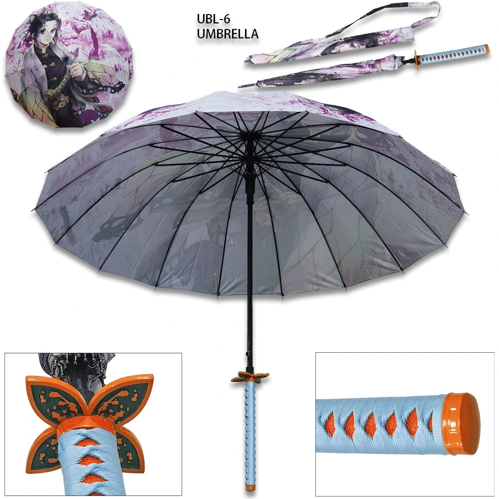 Anime-inspired Demon Slayer Shinobu Kocho Automatic Folding Umbrella featuring durable construction, UV-resistant waterproof canopy and elegant butterfly-themed design for fans and collectors