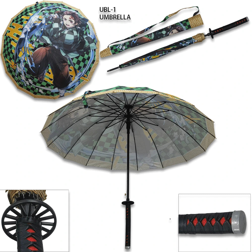 Anime-inspired Tanjiro Kamado Automatic Folding Umbrella featuring UV-resistant waterproof canopy, reinforced aluminum frame and lightweight folding design for Demon Slayer fans and collectors