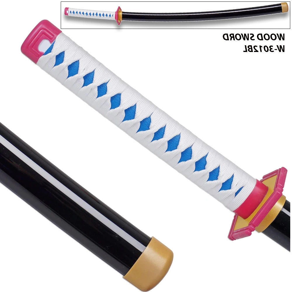 Full-length Demon Slayer Zisu Wood Display Collectible showcasing premium wooden craftsmanship, faux cord-wrapped handle, decorative fittings and plastic scabbard for display collections and conventions