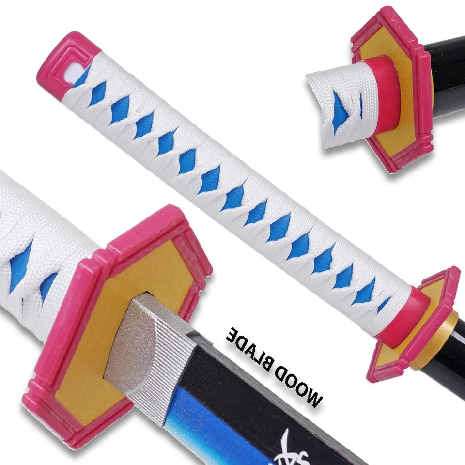 Demon Slayer Zisu Wood Display Collectible inspired by the Zisu Nichirin Blade featuring a decorative black and white finish, wrapped handle and matching plastic scabbard for anime collectors and cosplay enthusiasts
