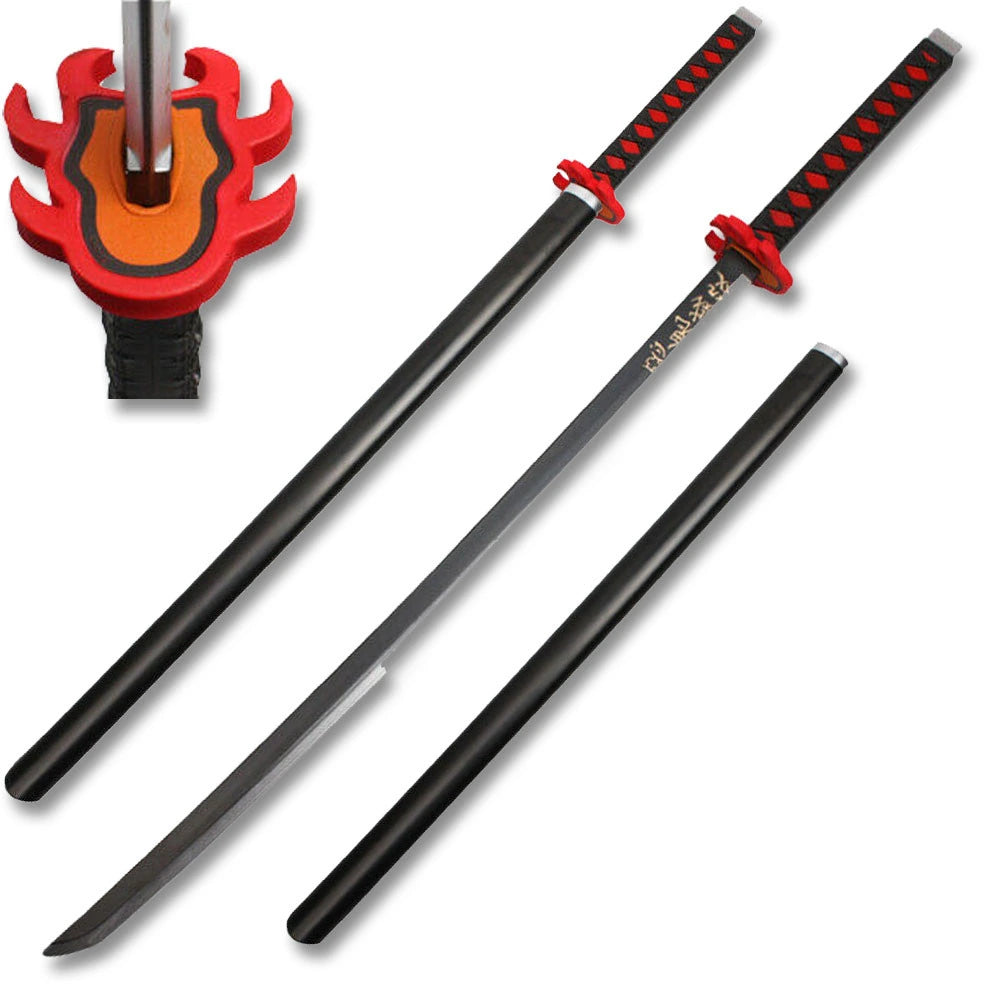 Lightweight fantasy foam Sword with red and orange guard, black scabbard, and dramatic styling for cosplay conventions.